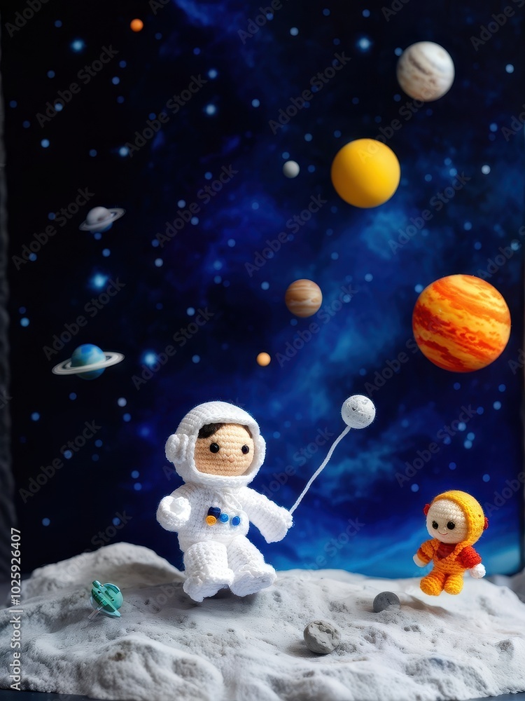 Naklejka premium A whimsical scene featuring plush astronauts on a lunar surface with planets in the background.