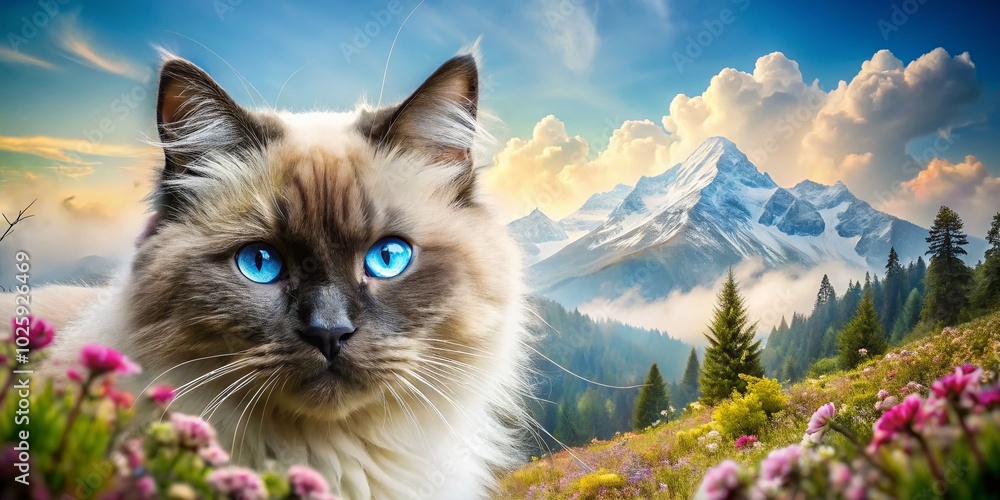 Captivating Double Exposure of a Chocolate Point Himalayan Cat in Enchanting Nature Setting Captivating Double Exposure of a Chocolate Point Himalayan Cat in Enchanting Nature Setting