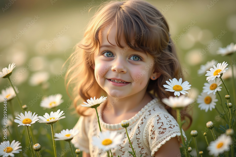 Adorable little girl smiling and posing in field of daisies Adorable little girl smiling and posing in field of daisies