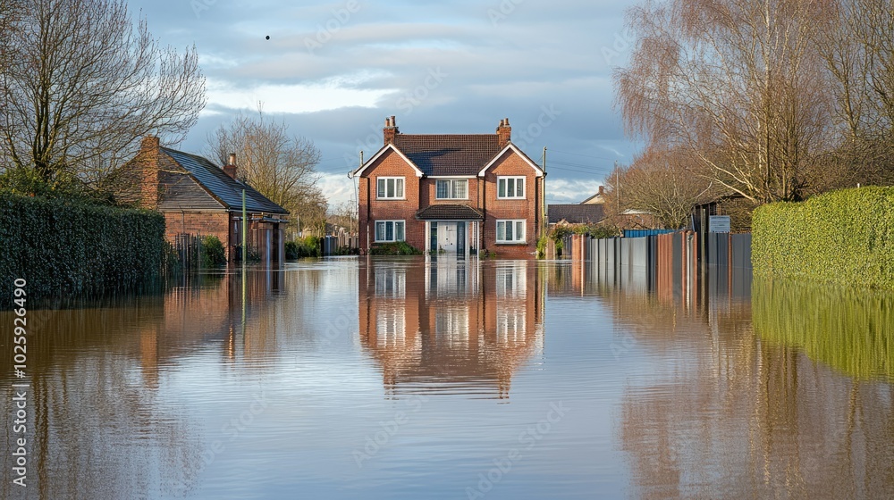 A residential area submerged in floodwater, with empty roads and space for copy in the background. A residential area submerged in floodwater, with empty roads and space for copy in the background.