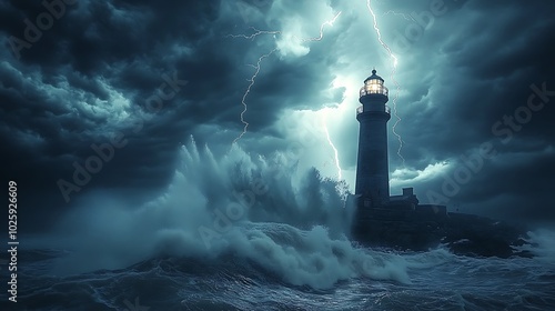 A vivid image of a storm surge hitting a lighthouse, with waves crashing against its sides and dark clouds swirling above. The wet rocks glisten under the lightning strikes,