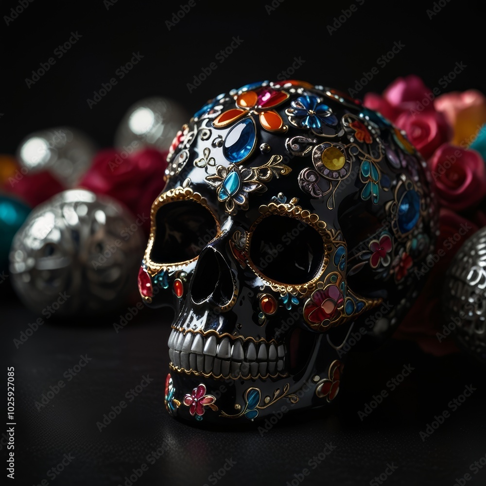 Jeweled skull on black glass with vibrant Dia de los Muertos decorations Jeweled skull on black glass with vibrant Dia de los Muertos decorations