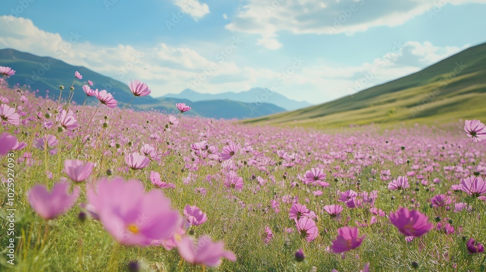 A scenic field of pink and purple wildflowers in Italy, space for text in the sky. A scenic field of pink and purple wildflowers in Italy, space for text in the sky.