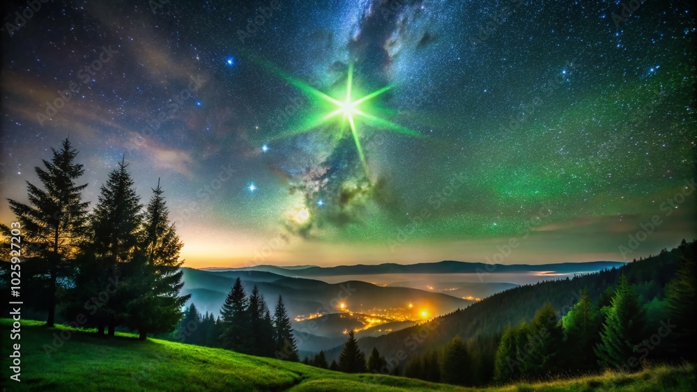 Obraz premium Captivating Green Shiny Star in Nature's Night Sky - Astrophotography at Its Best for Stunning Visuals and Astronomy