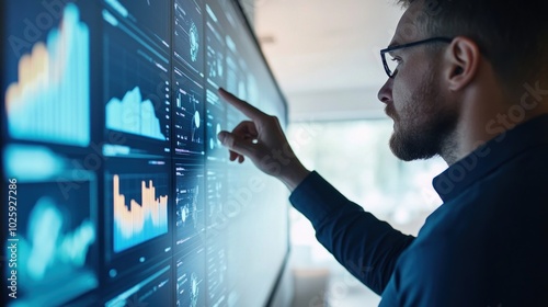 A man analyzing data on a large screen in a modern office setting.