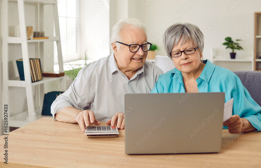 Elderly senior couple sitting at the table with laptop calculating finances planning family budget on pension at home. Retired man and woman counting income and profit. Savings and accounting concept Elderly senior couple sitting at the table with laptop calculating finances planning family budget on pension at home. Retired man and woman counting income and profit. Savings and accounting concept