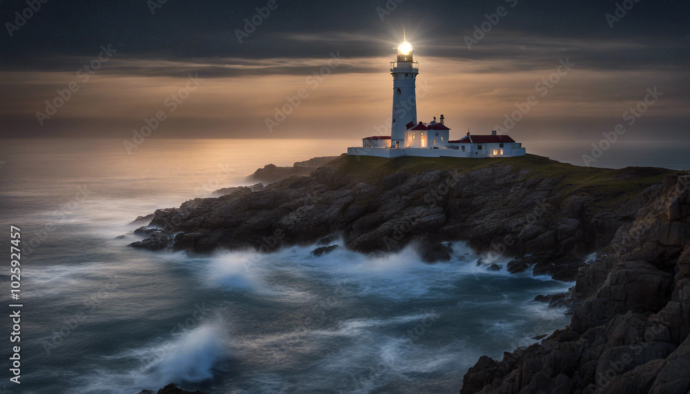 A lighthouse on a rocky island shines its bright beam on a clear, starry night. A lighthouse on a rocky island shines its bright beam on a clear, starry night.
