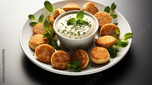 A white plate with small golden-brown fried food items surrounding a bowl of creamy white dip, garnished with fresh herbs.