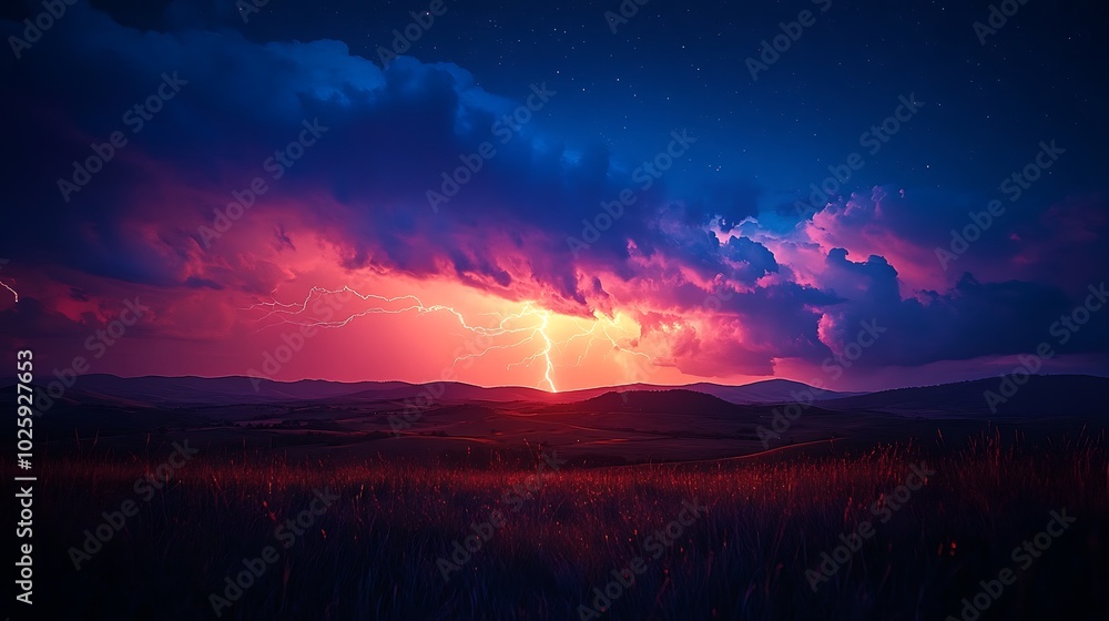 Fototapeta premium A vivid nighttime scene of cloud-to-ground lightning striking a hilltop, with the bolt’s light spreading across the landscape and illuminating the surrounding clouds.