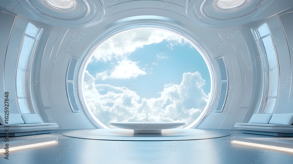 A large, empty room with a large window that looks out to the sky A large, empty room with a large window that looks out to the sky
