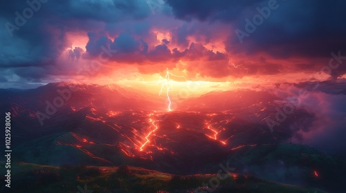 A vivid scene of a powerful lightning bolt striking the ground over a hilly terrain, with the glowing clouds casting shadows and light on the rolling hills. The landscape is illuminated brightly,