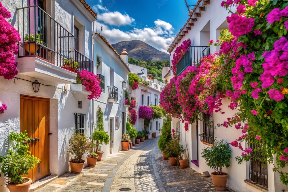 Obraz premium Picturesque Mijas Street in Andalusia, Spain - Charming Whitewashed Houses and Vibrant Bougainvillea Flowers