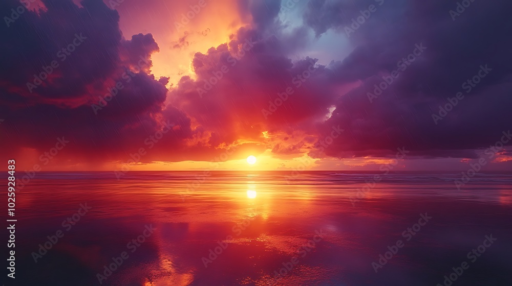 A vivid scene of a stormy sunset, with massive dark clouds rolling in from the horizon, partially covering the sun as it dips below the landscape. The sky is filled with a mix of orange, purple, A vivid scene of a stormy sunset, with massive dark clouds rolling in from the horizon, partially covering the sun as it dips below the landscape. The sky is filled with a mix of orange, purple,