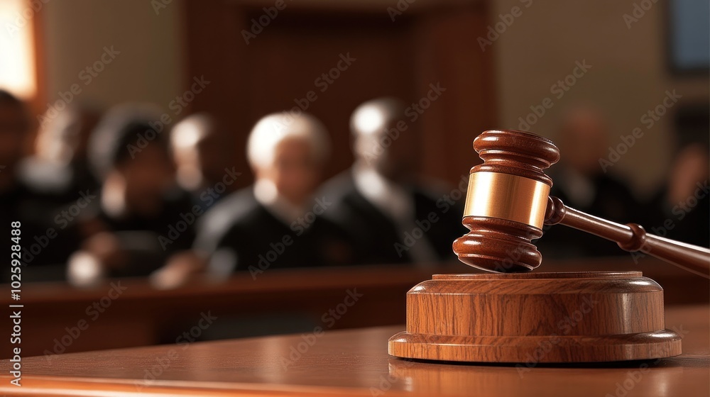A gavel on a wooden desk with blurred figures in judicial robes in the background. A gavel on a wooden desk with blurred figures in judicial robes in the background.