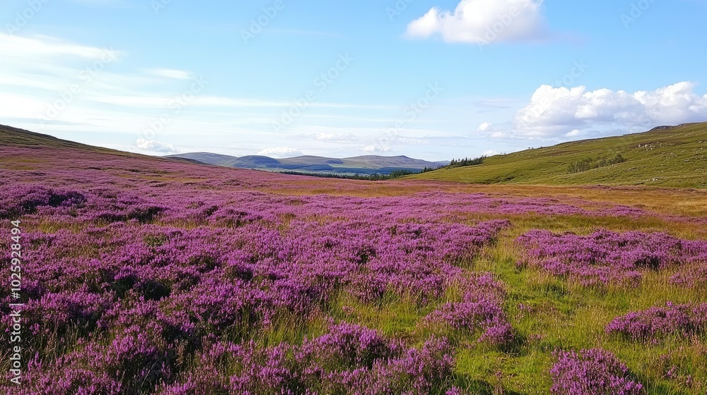 Fototapeta premium Blooming heather fields in Scotland, with rolling hills and copy space in the sky above.