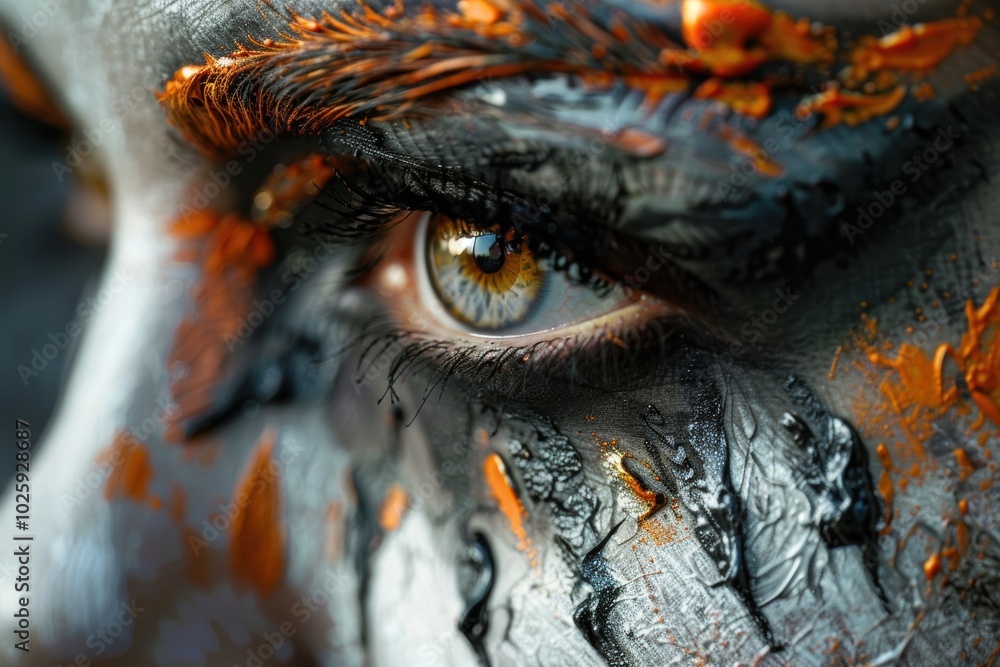 Close-up of an intricately painted eye with dramatic Halloween makeup in black and orange. Vibrant colors and spooky design make this portrait a celebration of festive creativity. Close-up of an intricately painted eye with dramatic Halloween makeup in black and orange. Vibrant colors and spooky design make this portrait a celebration of festive creativity.