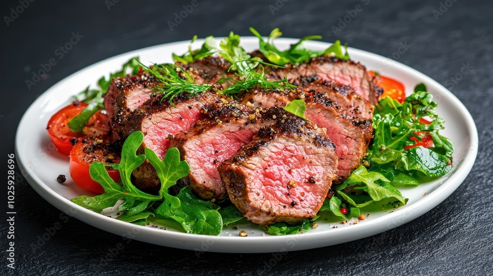 Exquisite Seared Meat Gourmet Dish with Greens and Garnishes on Stylish Plate - High Detail 8K Photo on Dark Backdrop Exquisite Seared Meat Gourmet Dish with Greens and Garnishes on Stylish Plate - High Detail 8K Photo on Dark Backdrop