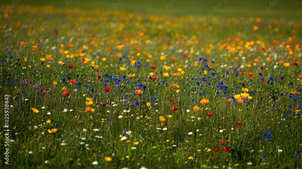 Fototapeta premium Colorful meadow of wildflowers in the Austrian countryside, with room for copy in the sky.