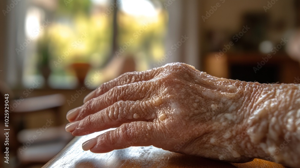Fototapeta premium A close-up of an elderly hand resting on a surface, showcasing age and texture.