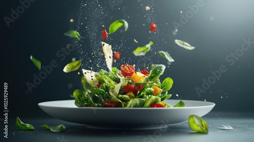 Exquisite Gourmet Salad Artistry in 8K Resolution with Vivid Colors and Elegant Plating on Dark Background