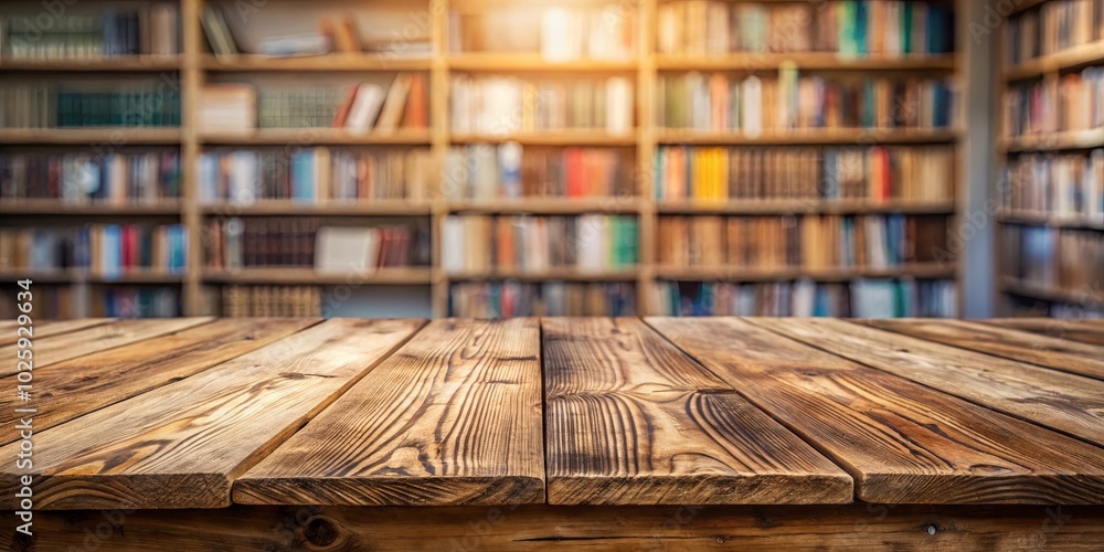 Rustic wooden table top with a blurred background of a library bookshelf filled with books Rustic wooden table top with a blurred background of a library bookshelf filled with books