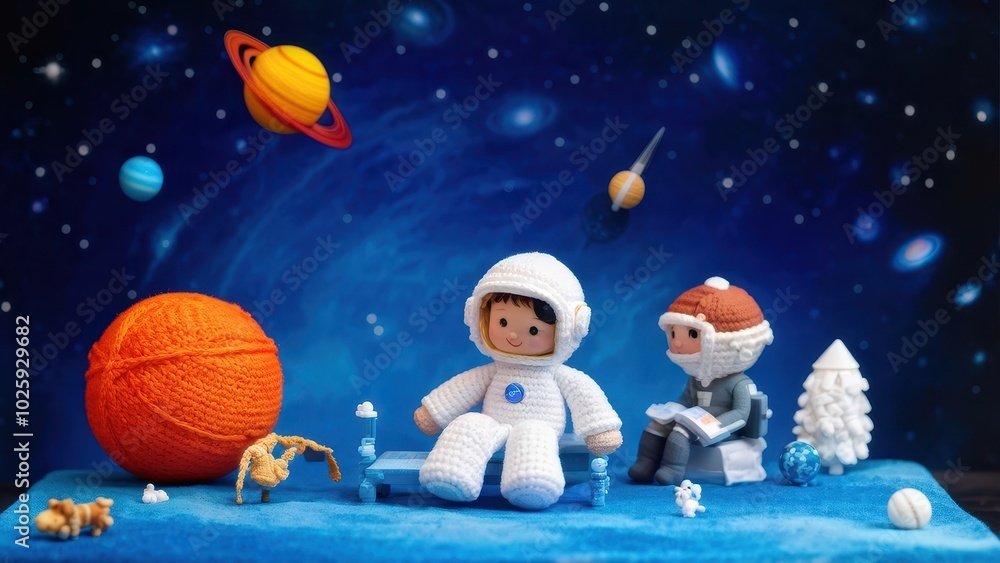 Naklejka premium A whimsical scene featuring astronaut toys in a colorful cosmic setting.