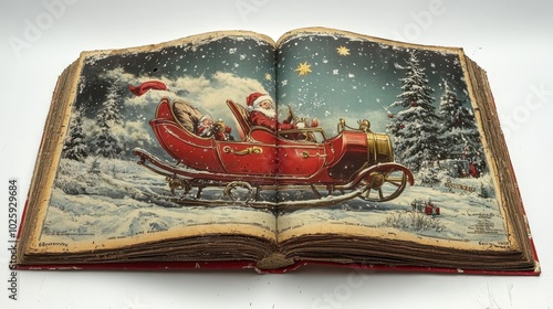 Vintage Christmas book open to an illustration of Santa Claus in a sleigh with reindeer. photo