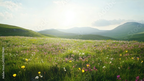 Rolling hills of wildflowers in Ireland under a bright, clear sky, with ample space for copy.