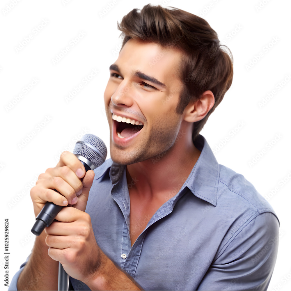 portrait of a beautiful man singing into microphon isolated on transparent background portrait of a beautiful man singing into microphon isolated on transparent background