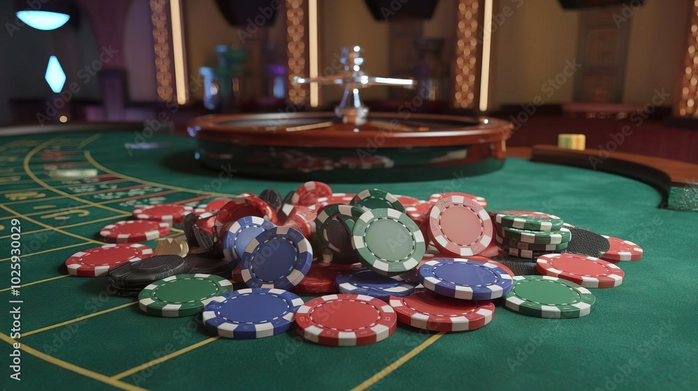 Colorful casino poker chips on green felt table with roulette wheel background. Colorful casino poker chips on green felt table with roulette wheel background.