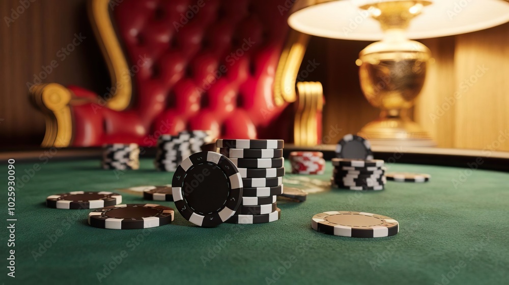 Poker chips on a green felt table, luxurious chair in the background, soft lighting. Poker chips on a green felt table, luxurious chair in the background, soft lighting.