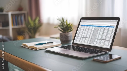 Laptop with spreadsheet on desk, green surface, potted plant, and smartphone.