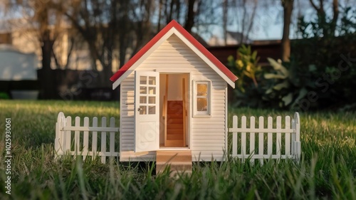 Miniature house with a red roof and white fence on green grass.