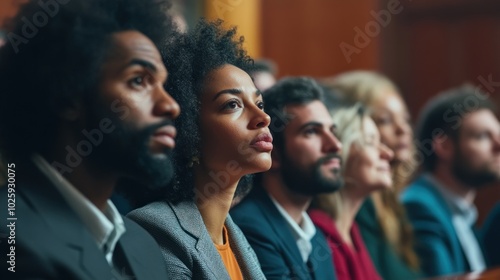 A diverse group of people attentively listening in a formal setting.