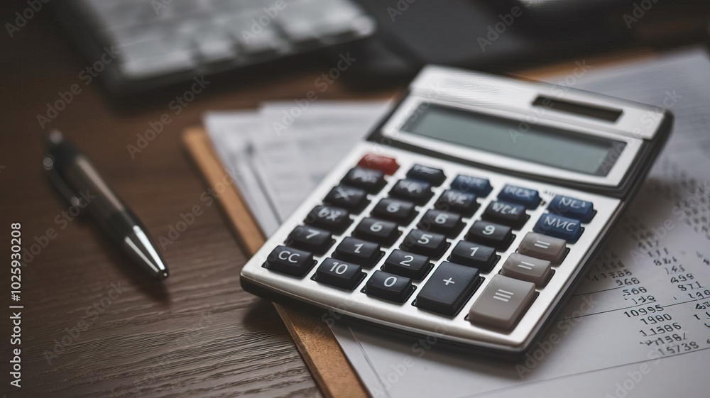 Calculator and papers on a wooden desk, office setup, productivity tools. Calculator and papers on a wooden desk, office setup, productivity tools.