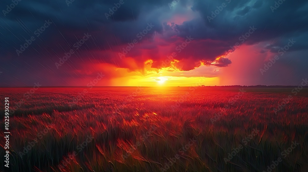 A breathtaking sunset storm, with dark thunderclouds approaching from the horizon, contrasting with the vibrant colors of the sky. The sun’s last rays pierce through the clouds, A breathtaking sunset storm, with dark thunderclouds approaching from the horizon, contrasting with the vibrant colors of the sky. The sun’s last rays pierce through the clouds,