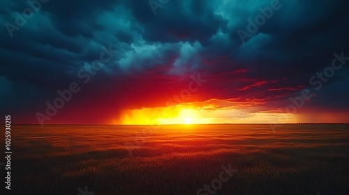 A breathtaking sunset storm, with dark thunderclouds approaching from the horizon, contrasting with the vibrant colors of the sky. The sun’s last rays pierce through the clouds,