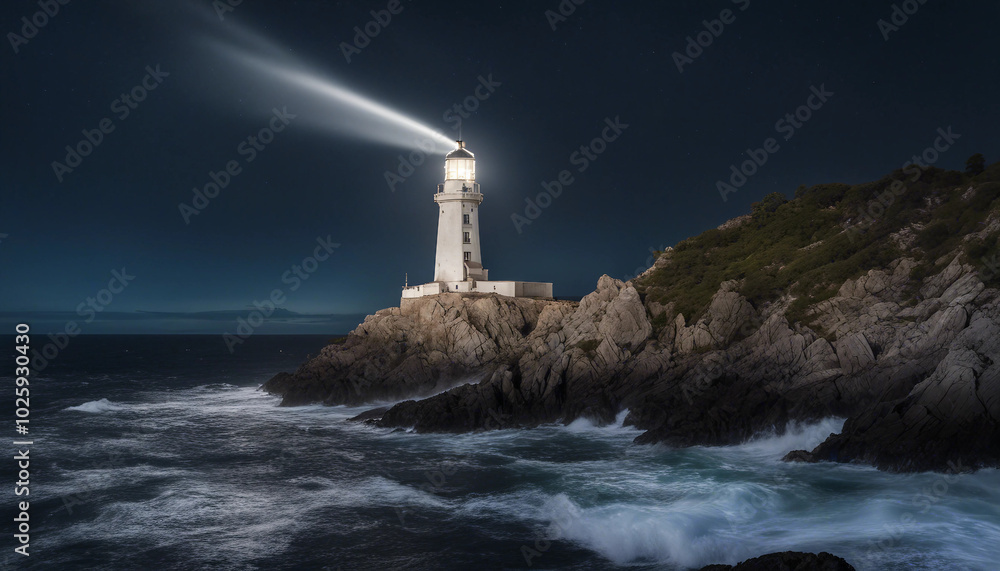 A lighthouse on a rocky island shines its bright beam on a clear, starry night. A lighthouse on a rocky island shines its bright beam on a clear, starry night.