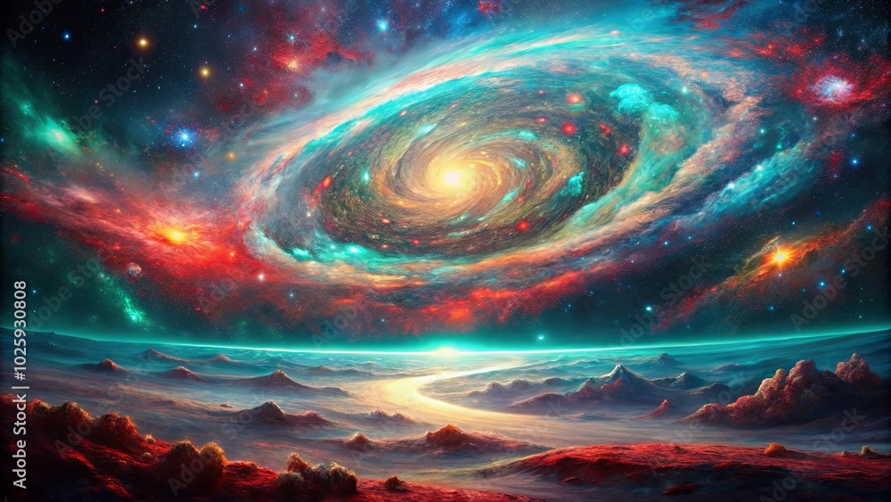 Fototapeta premium A celestial tapestry of swirling colors and distant stars, illuminating a fantastical landscape with a luminous path leading through the crimson hills.