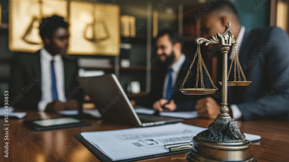 A legal meeting with scales of justice symbolizing law and order. A legal meeting with scales of justice symbolizing law and order.