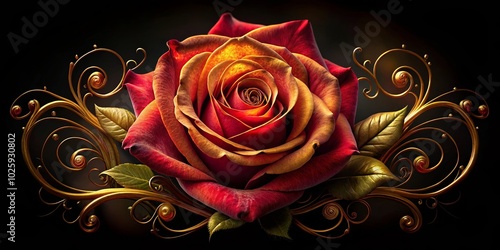 A Single Rose with Golden Curls, Its Petals a Blend of Crimson and Gold, Against a Deep Black Background