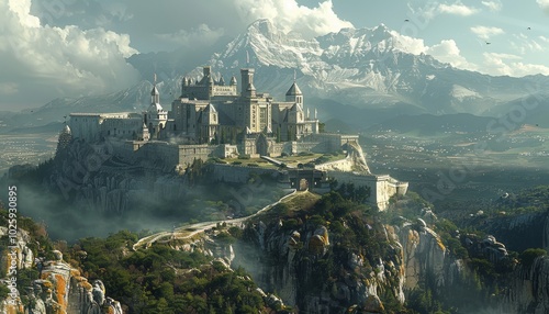 Majestic castle on mountain surrounded by peaks and mist
