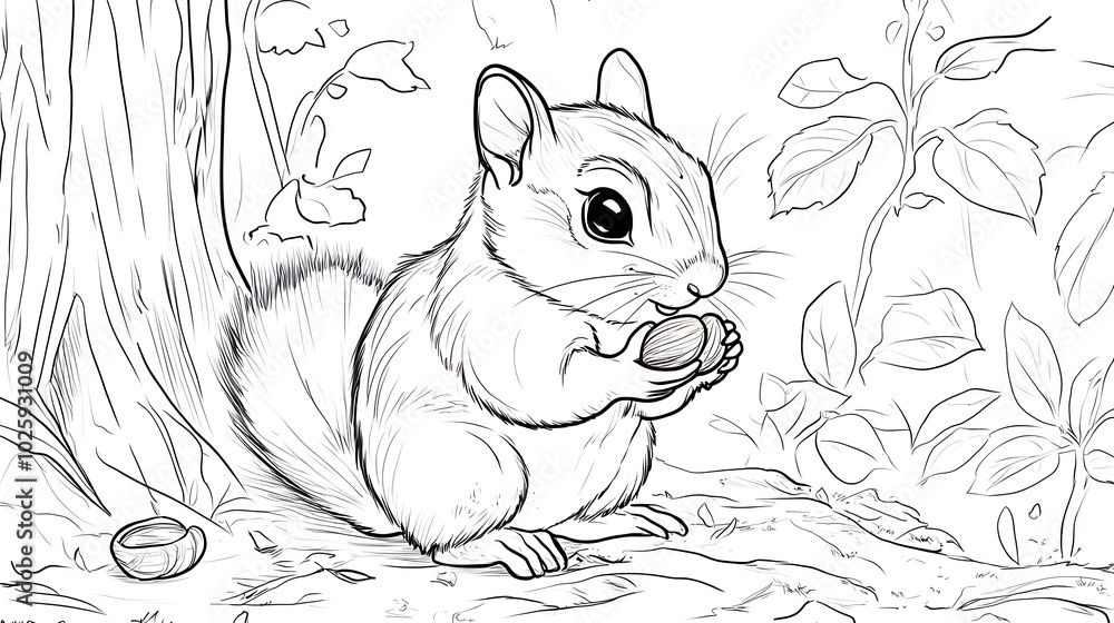 A chubby chipmunk eating a nut, sitting beside a tree, with simple leaves and small plants in the background, bold lines, low details, no shading, child-friendly design, A chubby chipmunk eating a nut, sitting beside a tree, with simple leaves and small plants in the background, bold lines, low details, no shading, child-friendly design,