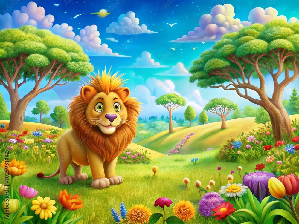 Naklejka premium Cartoon Lion in a Vibrant Landscape: A Whimsical Wilderness Scene for Kids and Families