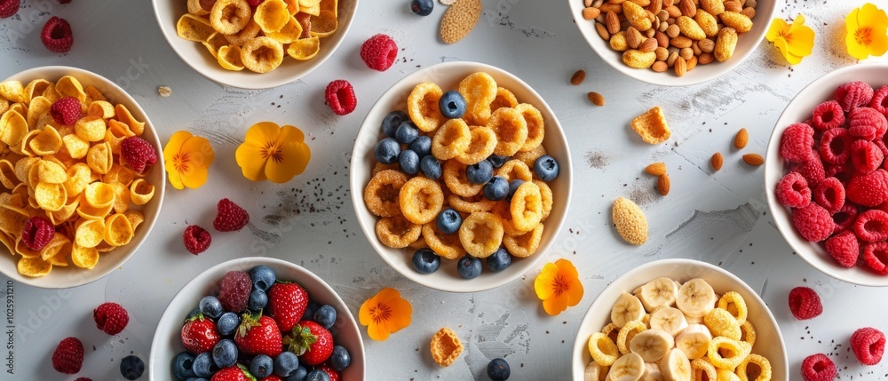 Image: assorted cereals, fruits, nuts on light blue surface resembling wood. Includes corn flakes, wheat cereals, fruits, nuts, flowers. Bright, colorful, healthy breakfast spread. Image: assorted cereals, fruits, nuts on light blue surface resembling wood. Includes corn flakes, wheat cereals, fruits, nuts, flowers. Bright, colorful, healthy breakfast spread.