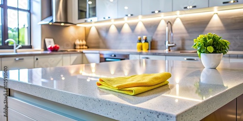 Elevate your kitchen's ambiance with sleek Caesarstone countertops, combining exquisite style and robustness, while ensuring hassle-free cleaning for a sophisticated, modern look. photo