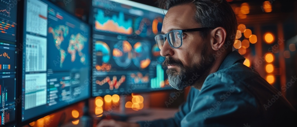 A bearded man working at a desk with multiple computer monitors, analyzing graphs and data, potentially involved in financial analysis. A bearded man working at a desk with multiple computer monitors, analyzing graphs and data, potentially involved in financial analysis.
