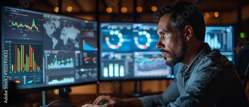 A bearded man working at a desk with multiple computer monitors, analyzing graphs and data, potentially involved in financial analysis.