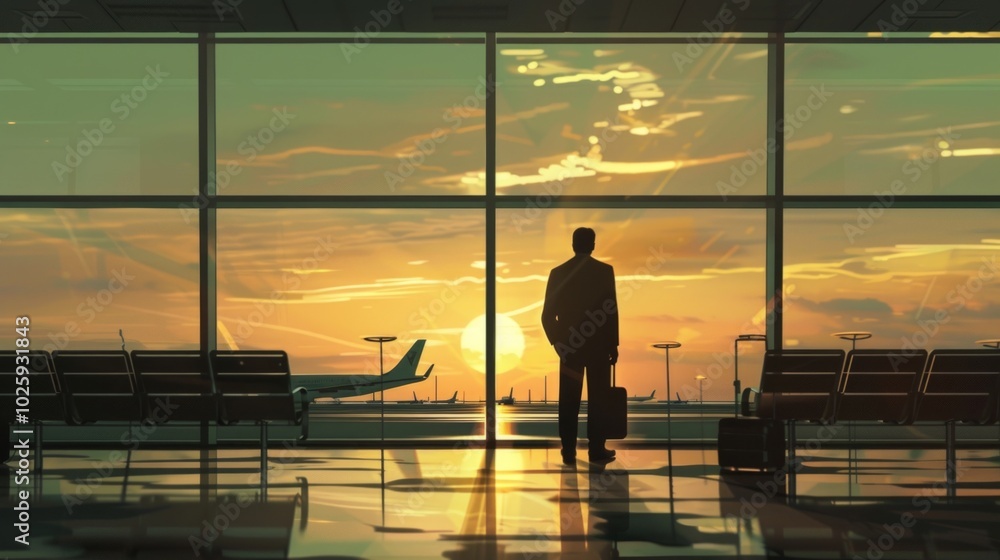 A man in a dark suit, with a suitcase, stands in an airport, looking at planes on the tarmac under a setting sun. Reflective and peaceful, he adds to the tranquil anticipation of the scene. A man in a dark suit, with a suitcase, stands in an airport, looking at planes on the tarmac under a setting sun. Reflective and peaceful, he adds to the tranquil anticipation of the scene.