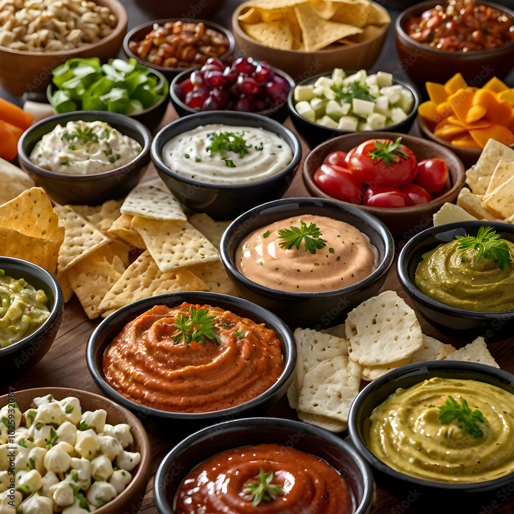 An assortment of dips and snacks presented together, featuring various flavors